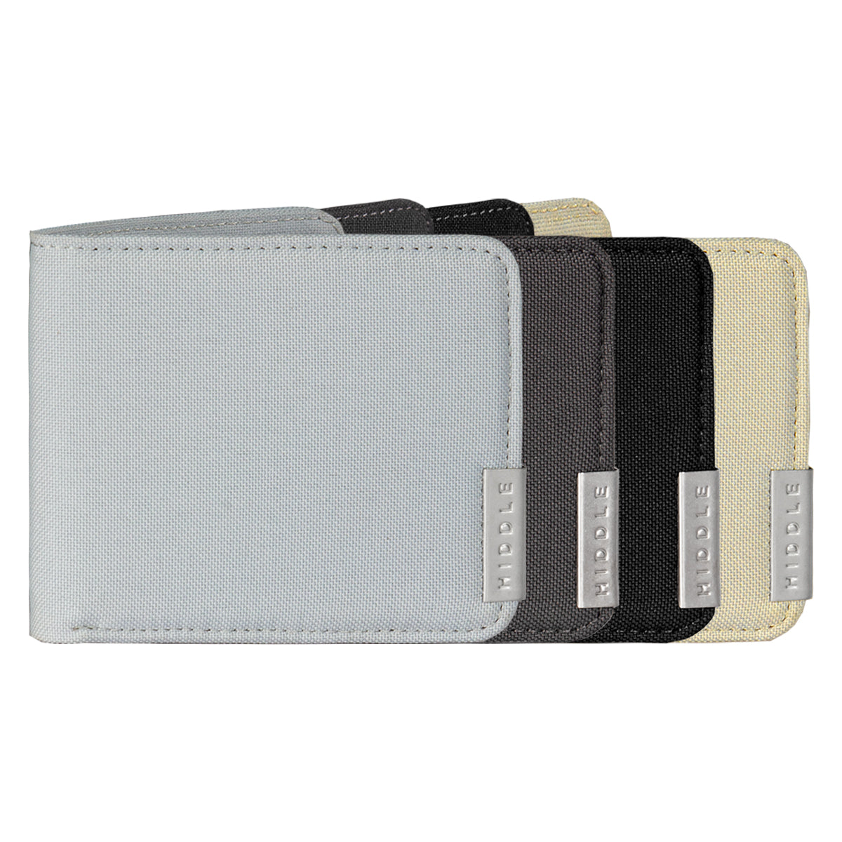 Set of three wallets in gray, black, and beige with visible brand name on a white background
