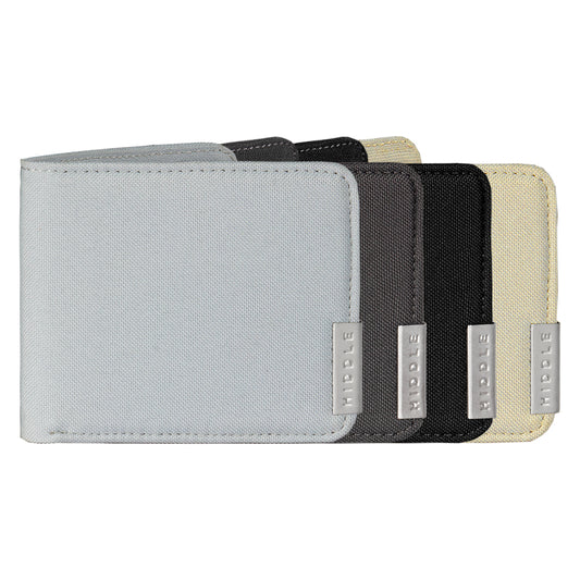 Set of three wallets in gray, black, and beige with visible brand name on a white background