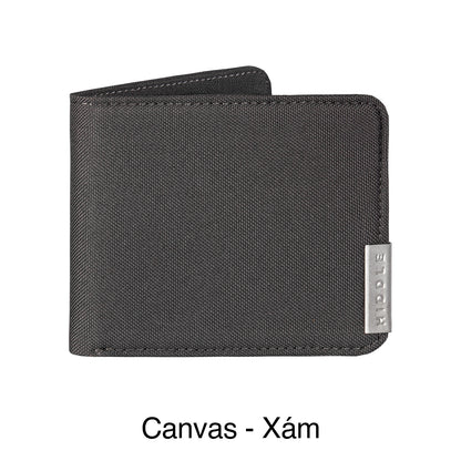 Black canvas wallet with a visible brand logo on a white background