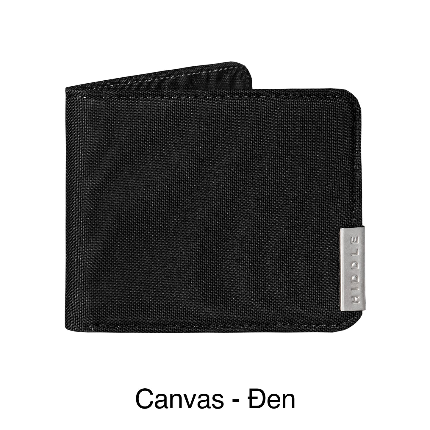 Black canvas wallet with a visible brand logo on a white background