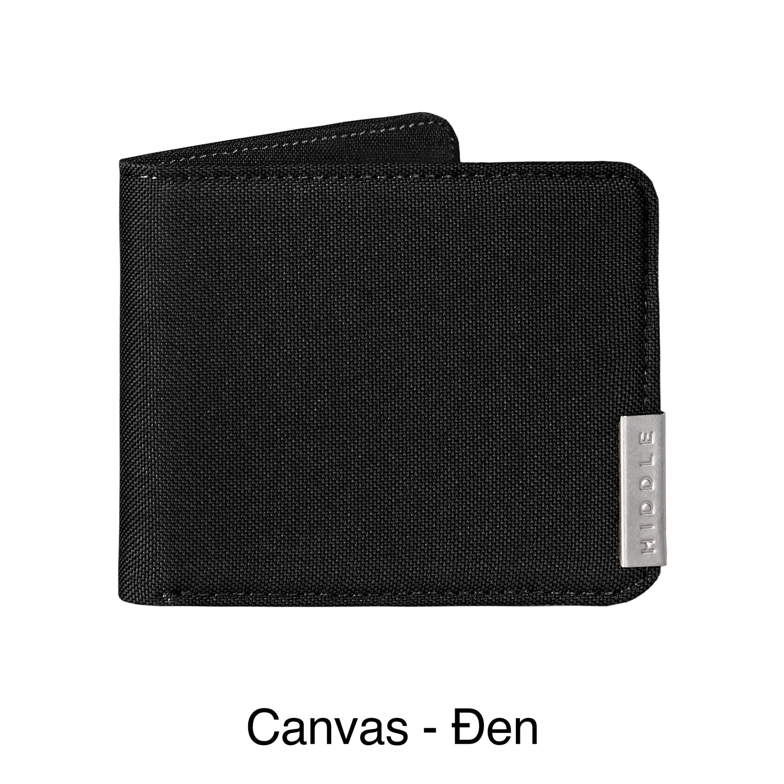 Black canvas wallet with a visible brand logo on a white background
