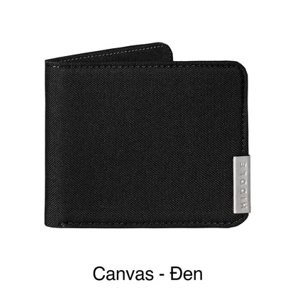 Black canvas wallet with a visible brand logo on a white background