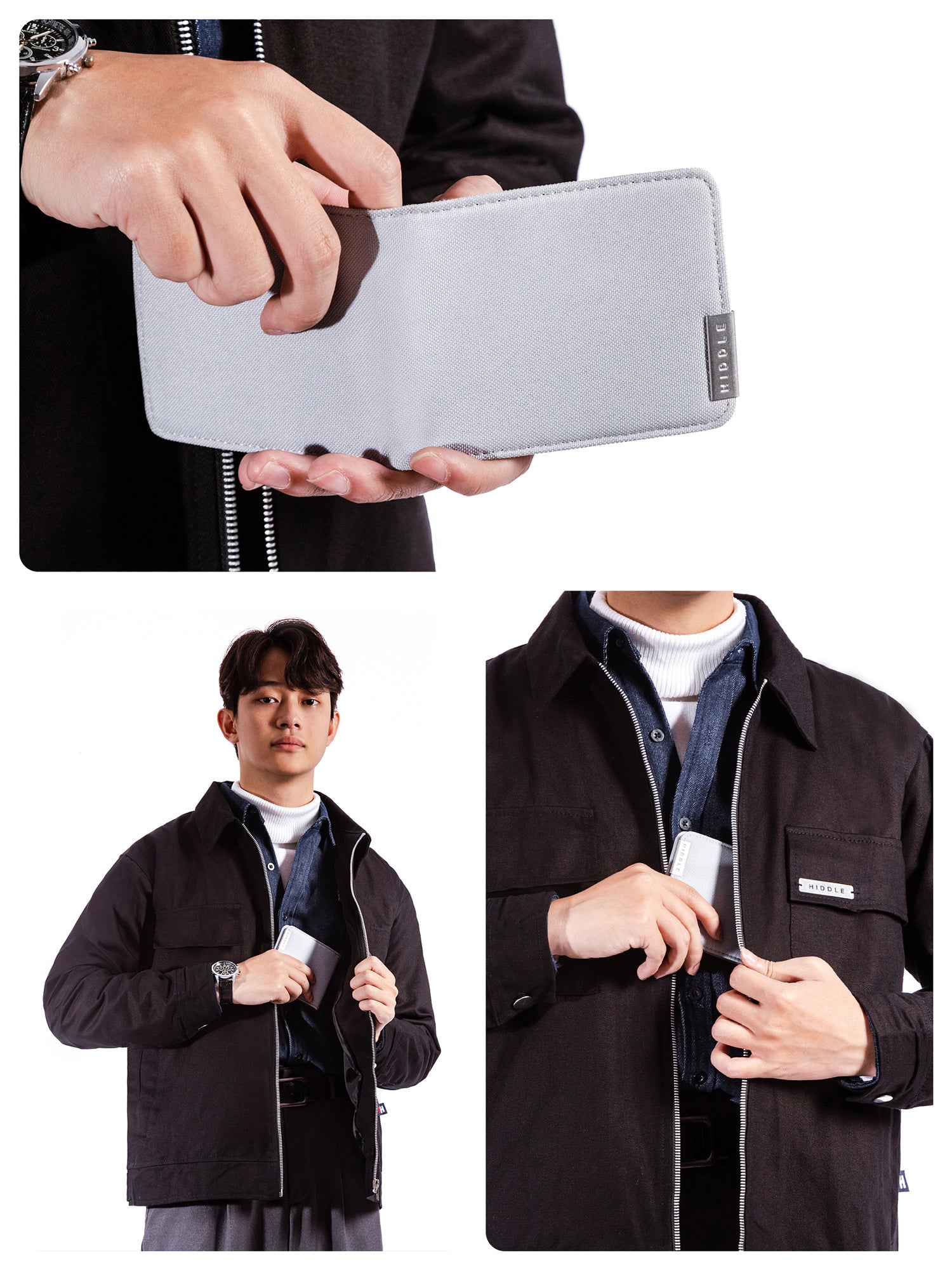 Collage of a person holding a silver wallet, wearing a black jacket with a brand logo, and another person in a black jacket with a white shirt.