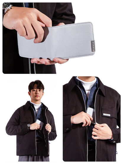 Collage of a person holding a silver wallet, wearing a black jacket with a brand logo, and another person in a black jacket with a white shirt.