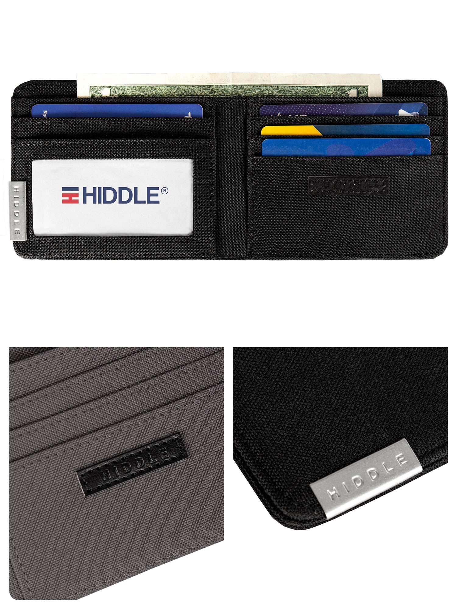 Black wallet with card slots and Hiddle branding on a white background
