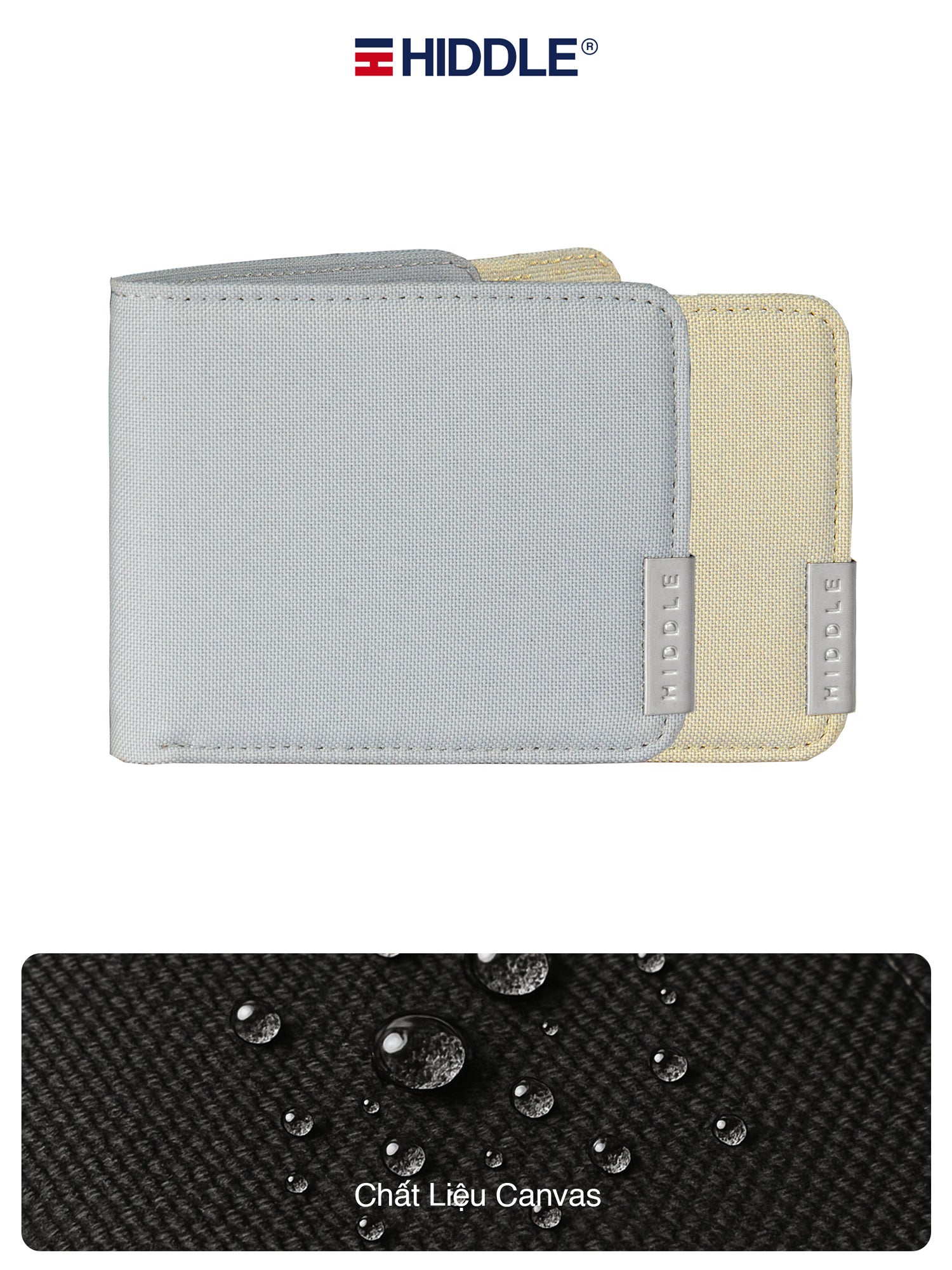 Two wallets, one gray and one beige, with 'Hiddle' branding on a white background.