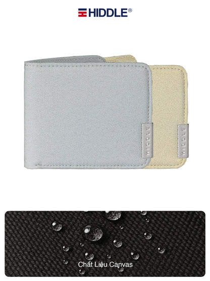 Two wallets, one gray and one beige, with 'Hiddle' branding on a white background.
