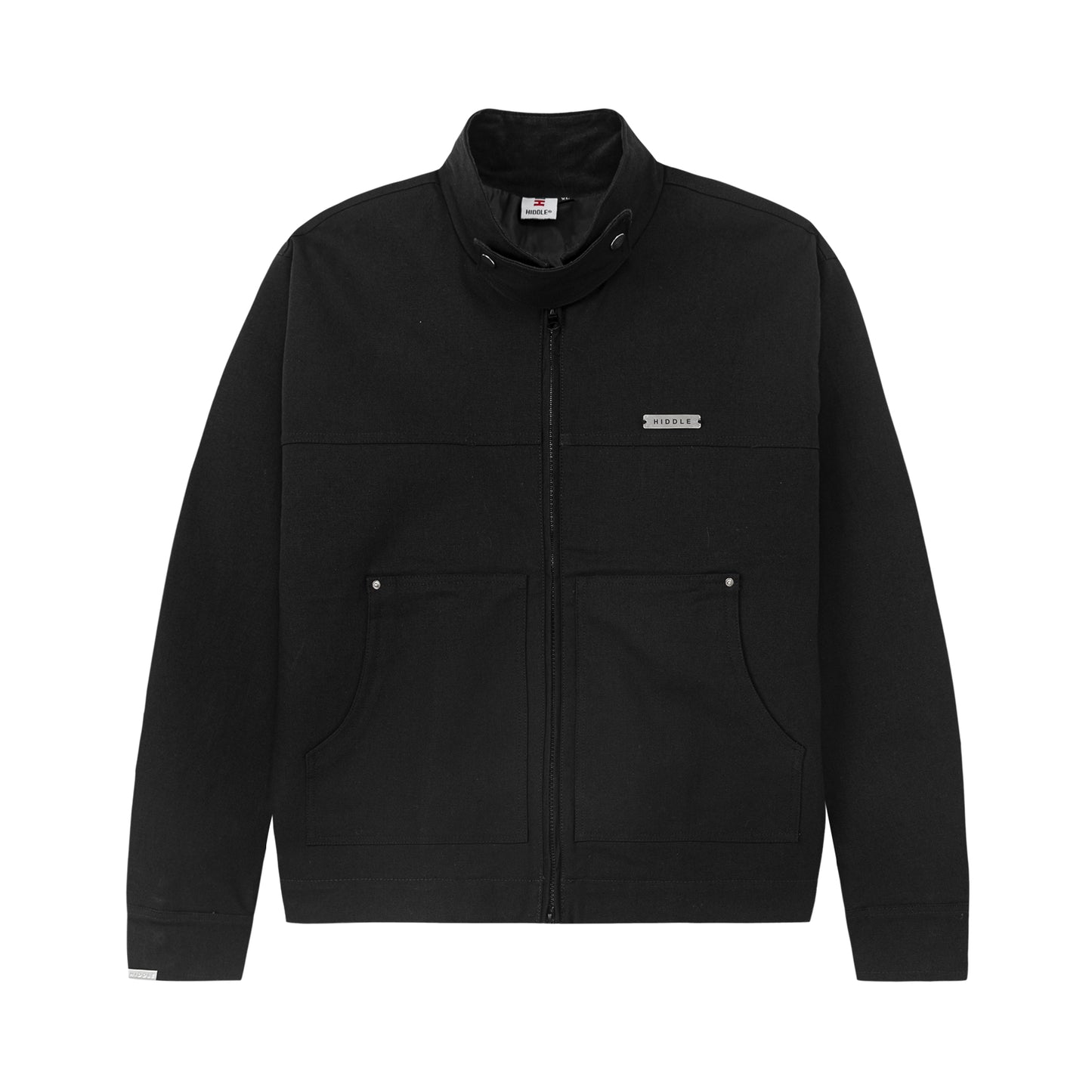 Black jacket with brand logos on a white background