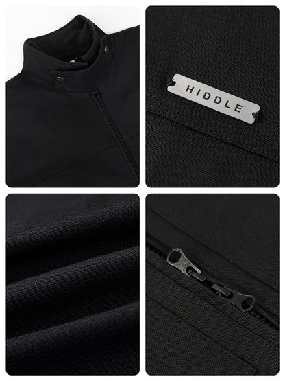 Collage of a black jacket with close-up details on fabric texture, zipper, and brand logo.