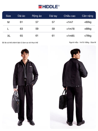 Person wearing a black outfit with Hiddle branding, showing front and back views, and size chart on a white background.