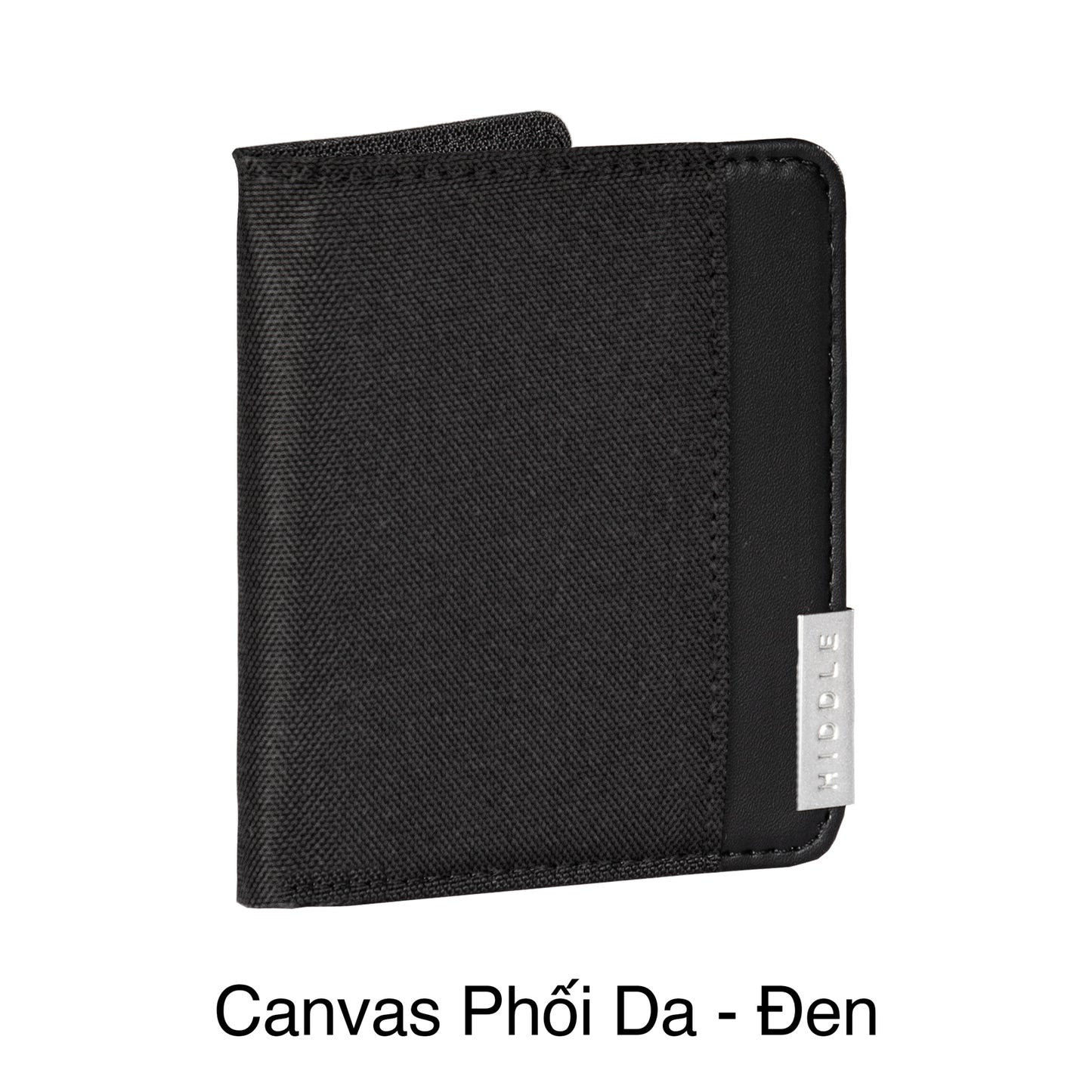Black textured wallet with a brand logo on a white background