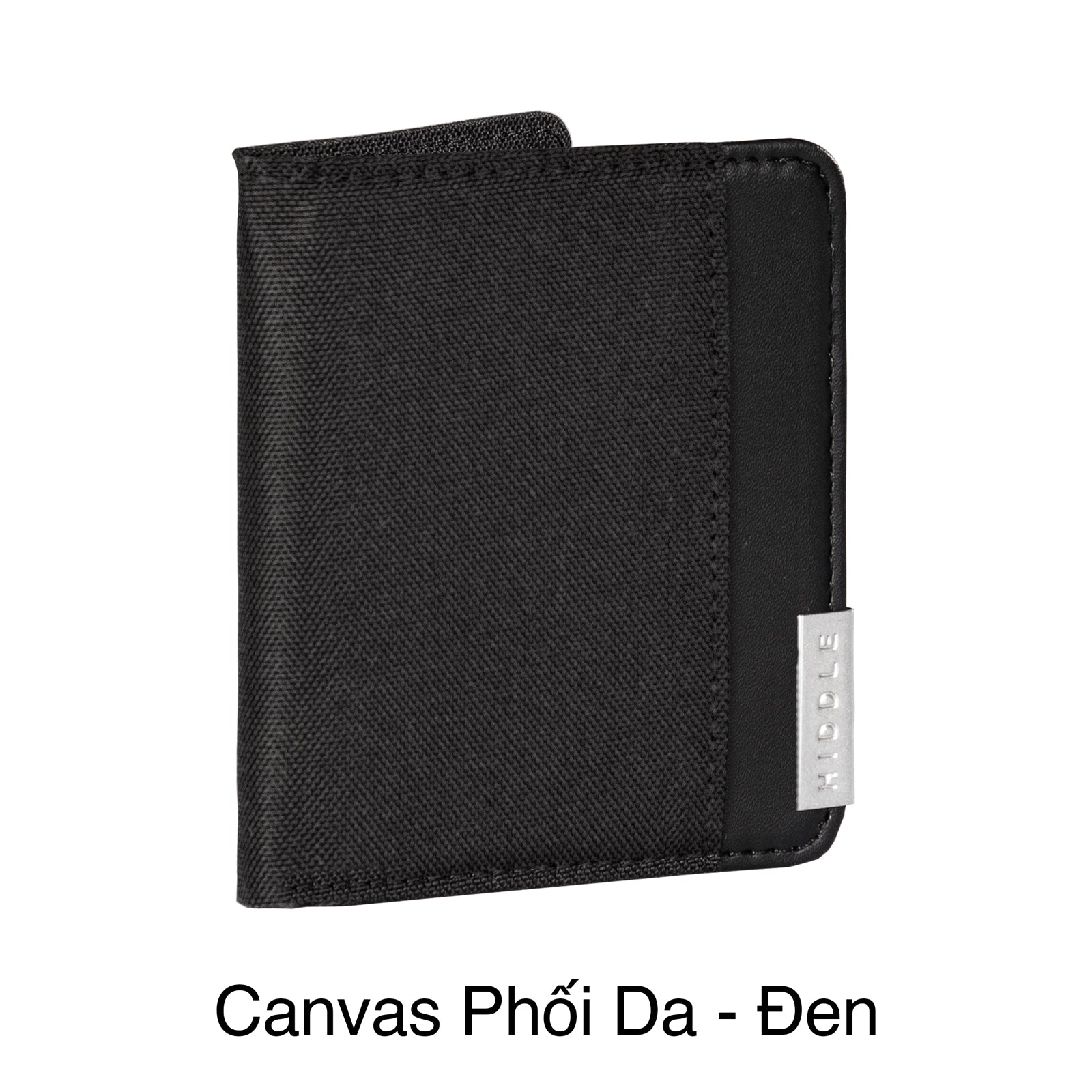 Black textured wallet with a brand logo on a white background