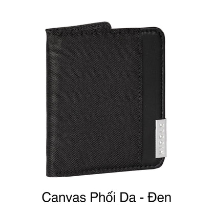 Black textured wallet with a brand logo on a white background