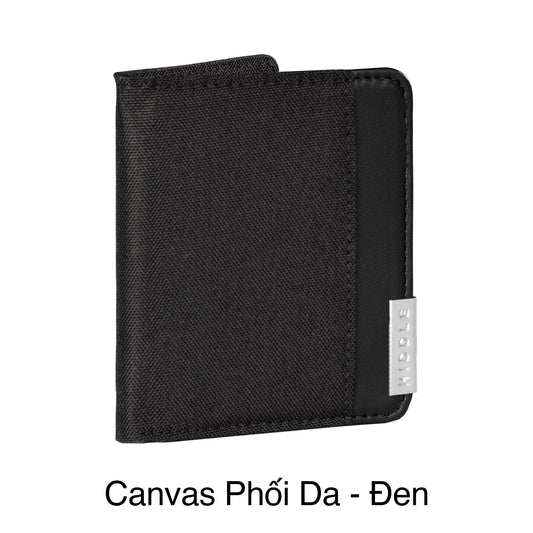 Black textured wallet with a brand logo on a white background