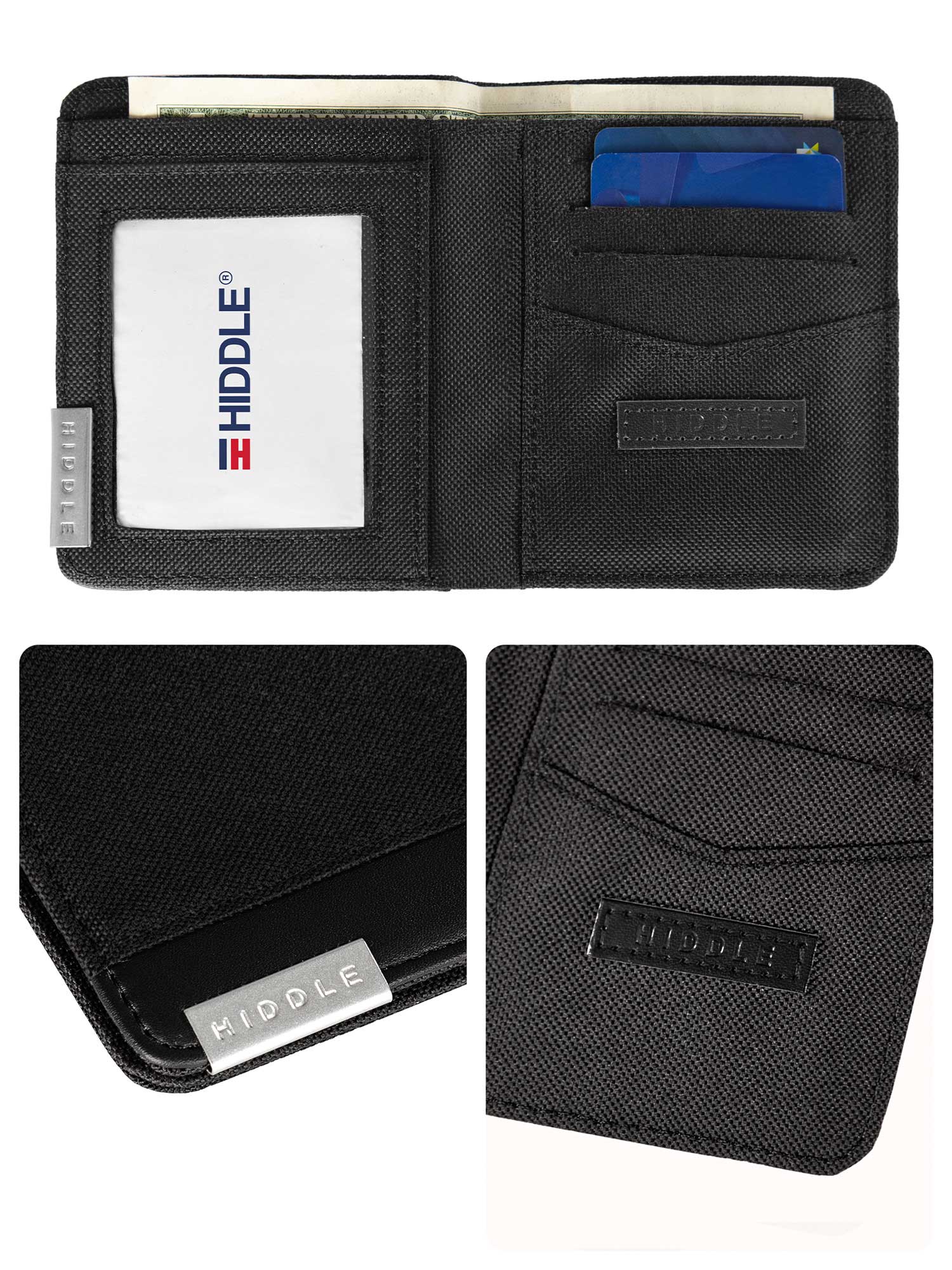 Black wallet with card slots and Hiddle branding on a white background
