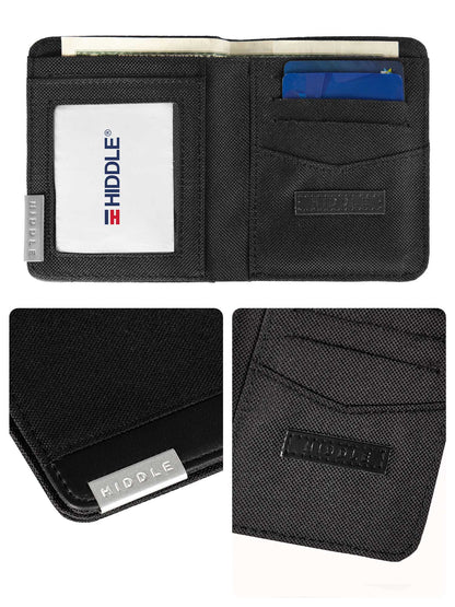 Black wallet with card slots and Hiddle branding on a white background