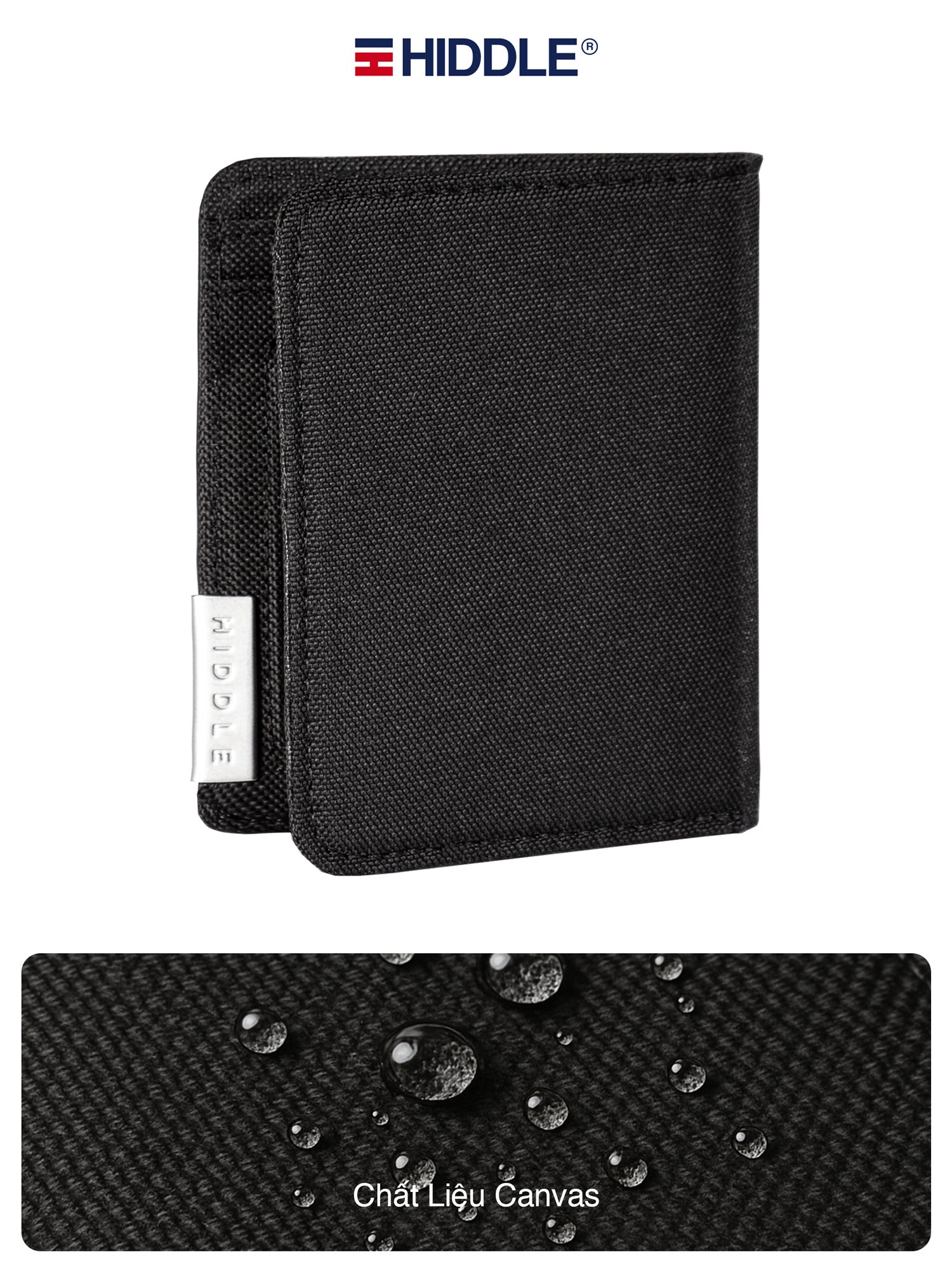 Black wallet with Hiddle branding on a white background