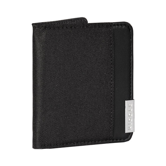 Black wallet with a visible brand logo on a white background