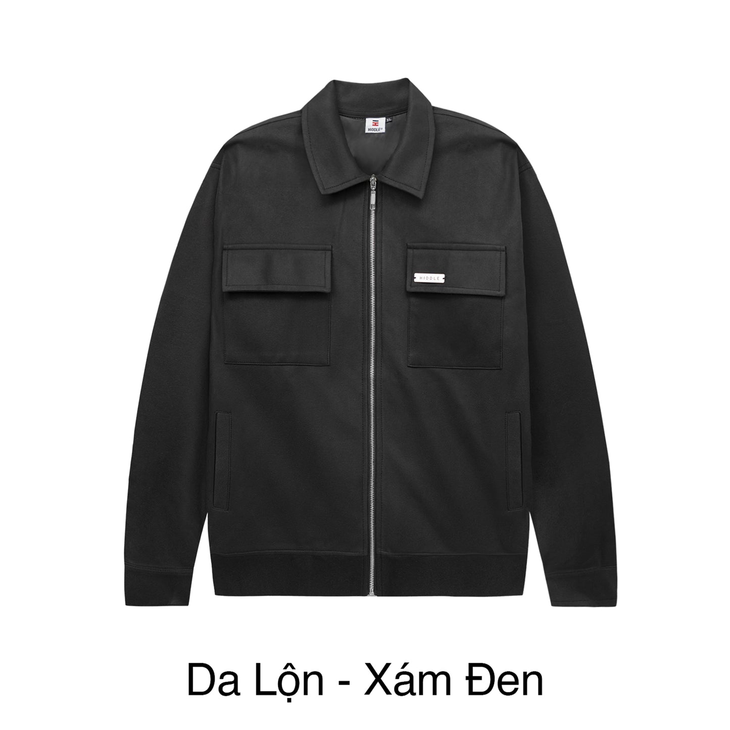 Black jacket with multiple pockets on a white background
