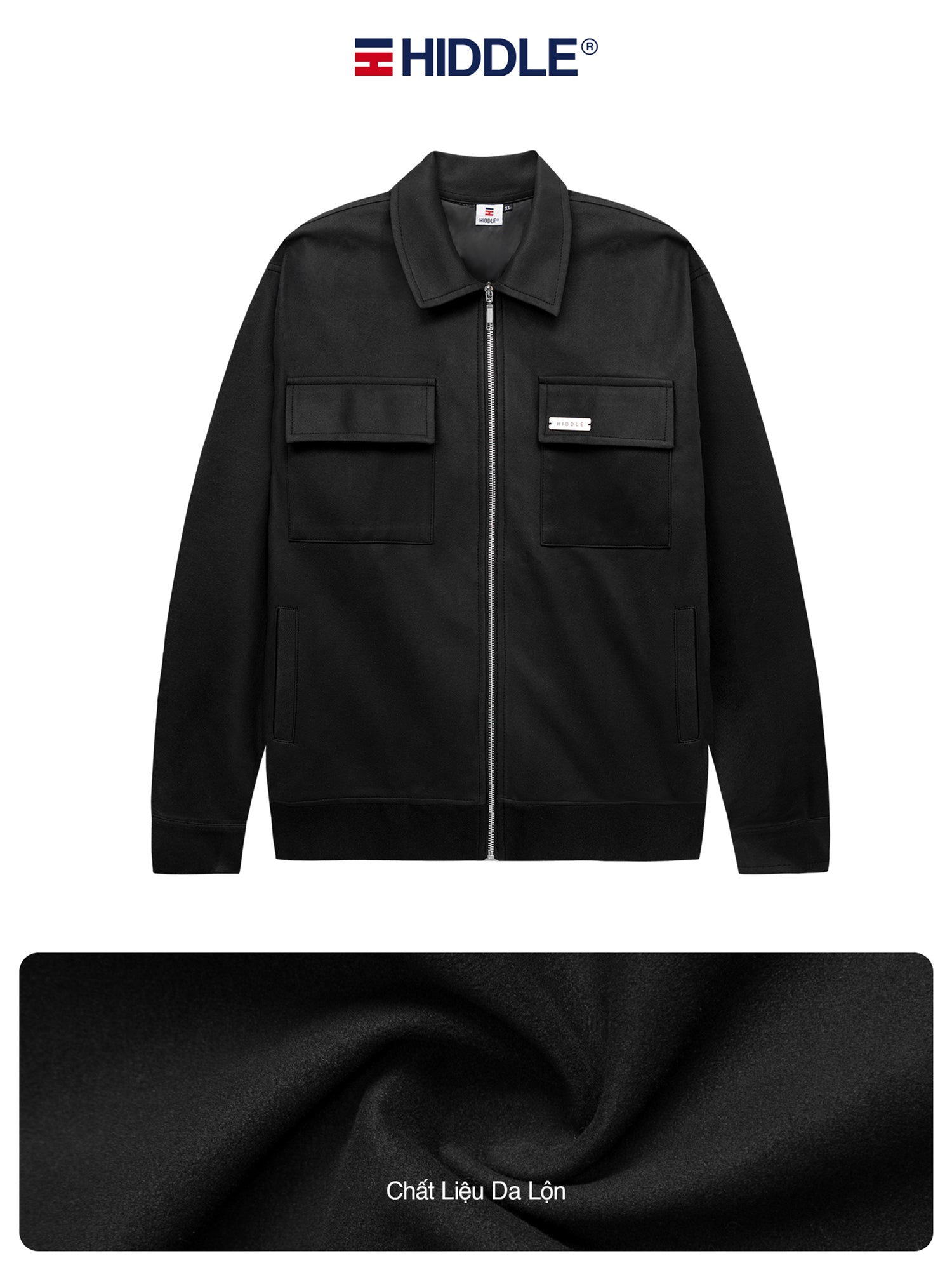 Black jacket with a close-up of fabric texture, featuring the Hiddle brand logo.