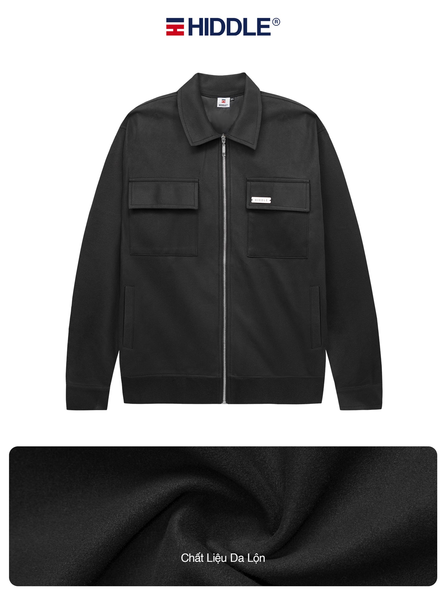 Black jacket with a close-up of black fabric underneath, featuring the Hiddle brand logo.