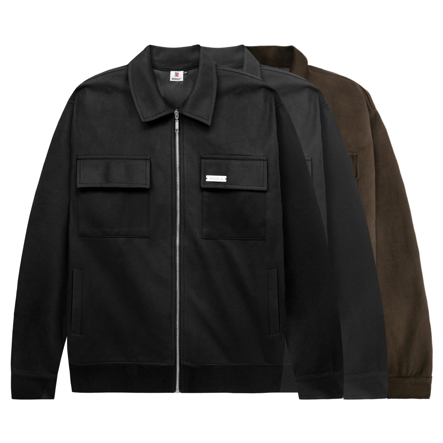 Black and brown jackets on a white background