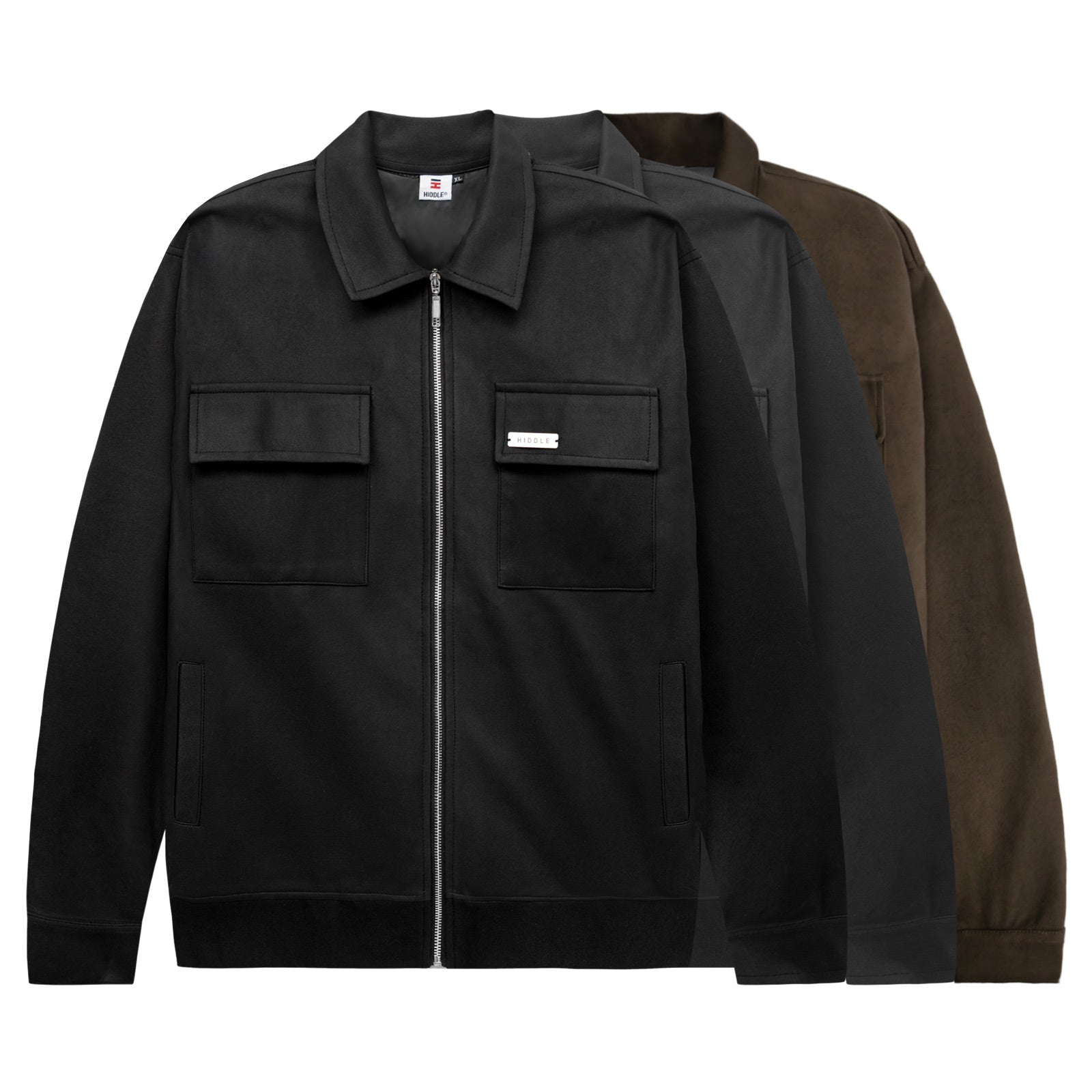 Black and brown jackets on a white background