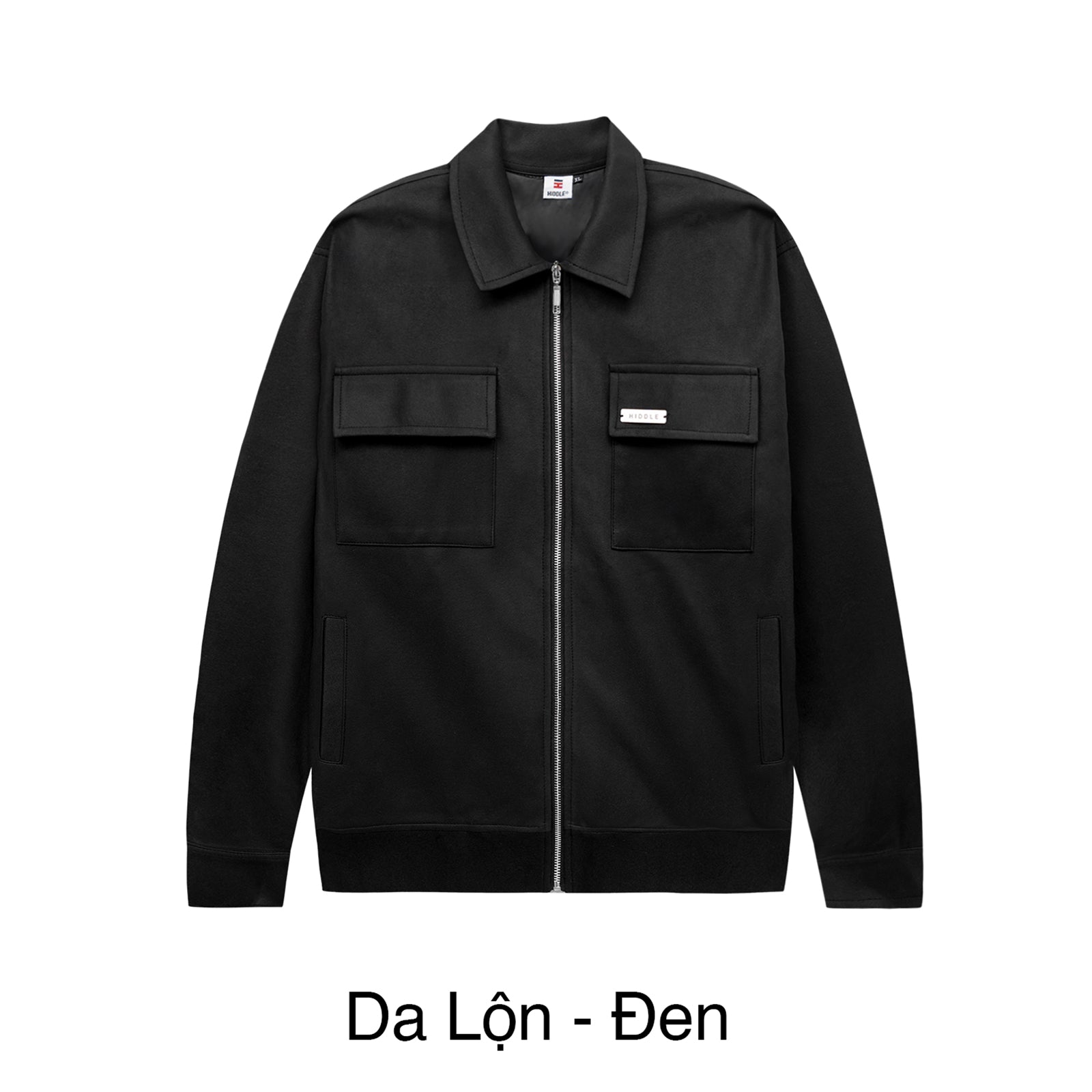 Black jacket with multiple pockets on a white background
