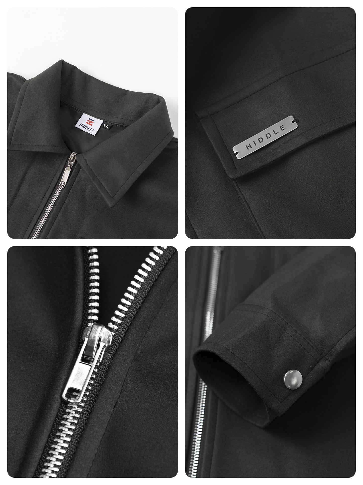 Collage of close-up details of a black jacket with zippers, buttons, and a brand label.
