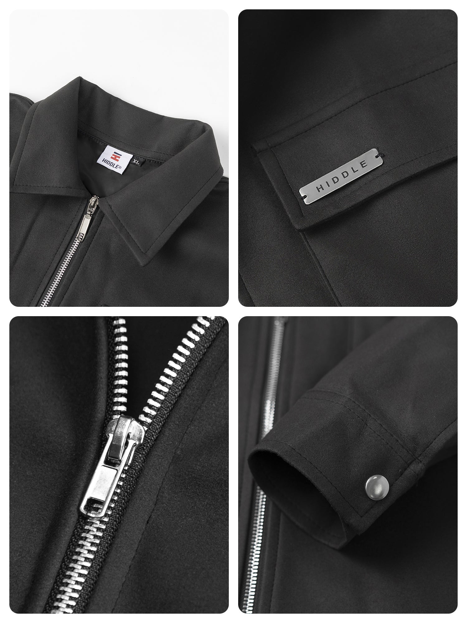 Collage of close-up details of a black jacket with zippers, buttons, and a brand label.