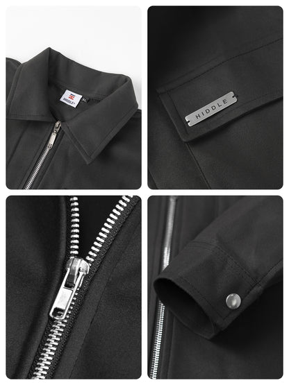 Collage of close-up details of a black jacket with zippers, buttons, and a brand label.
