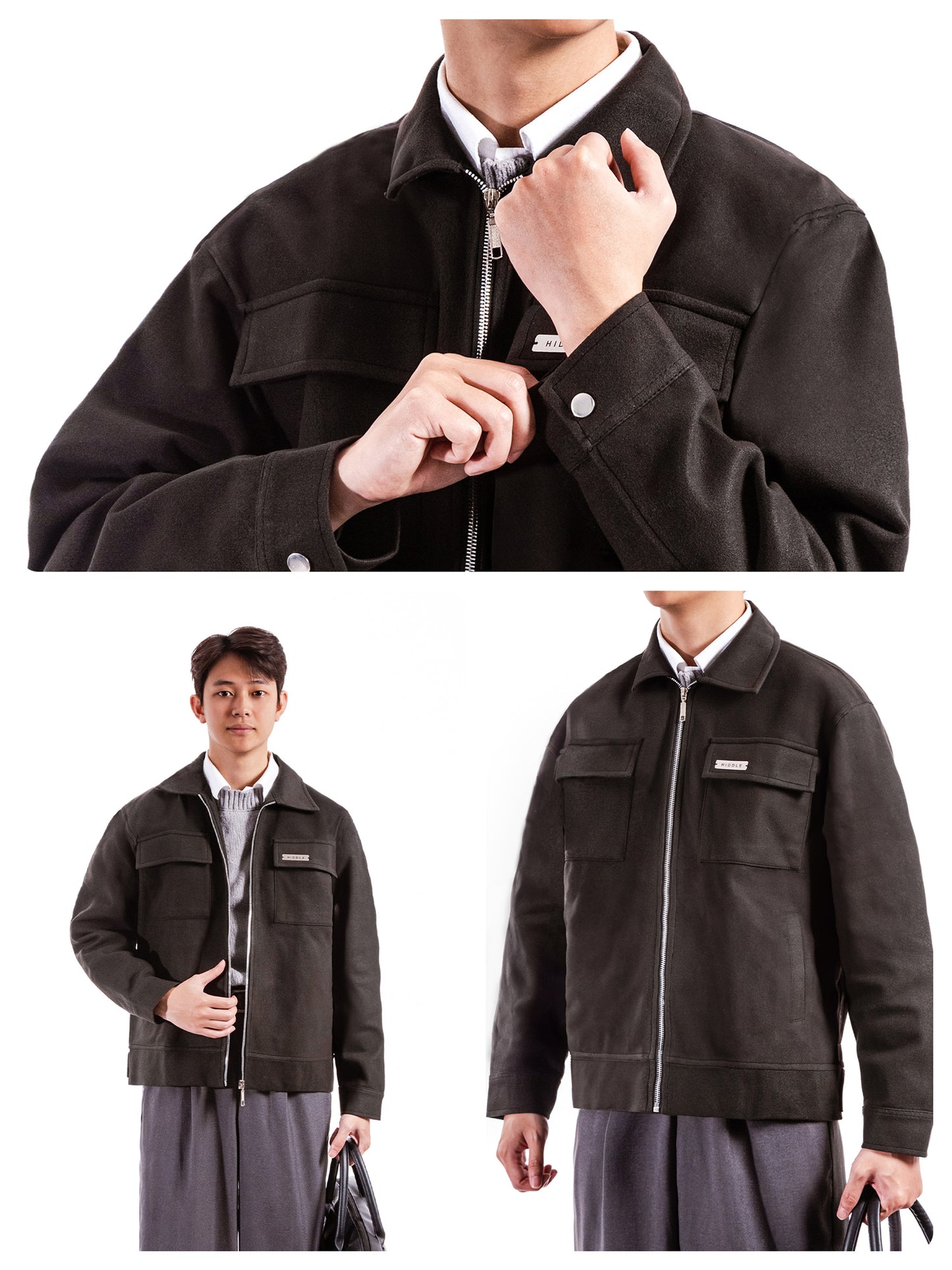 Black jacket with a brand logo worn by a person on a white background