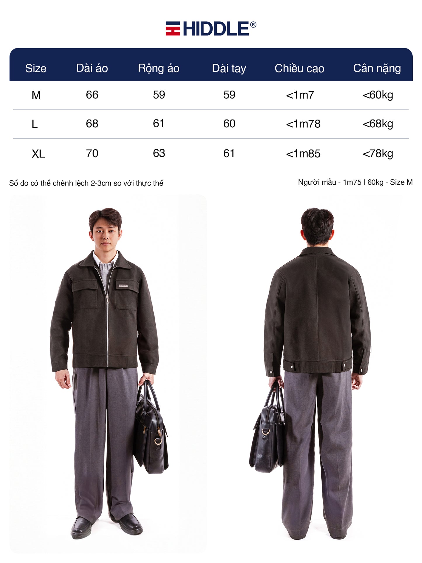 Hiddle workwear set with size chart and model wearing the set.