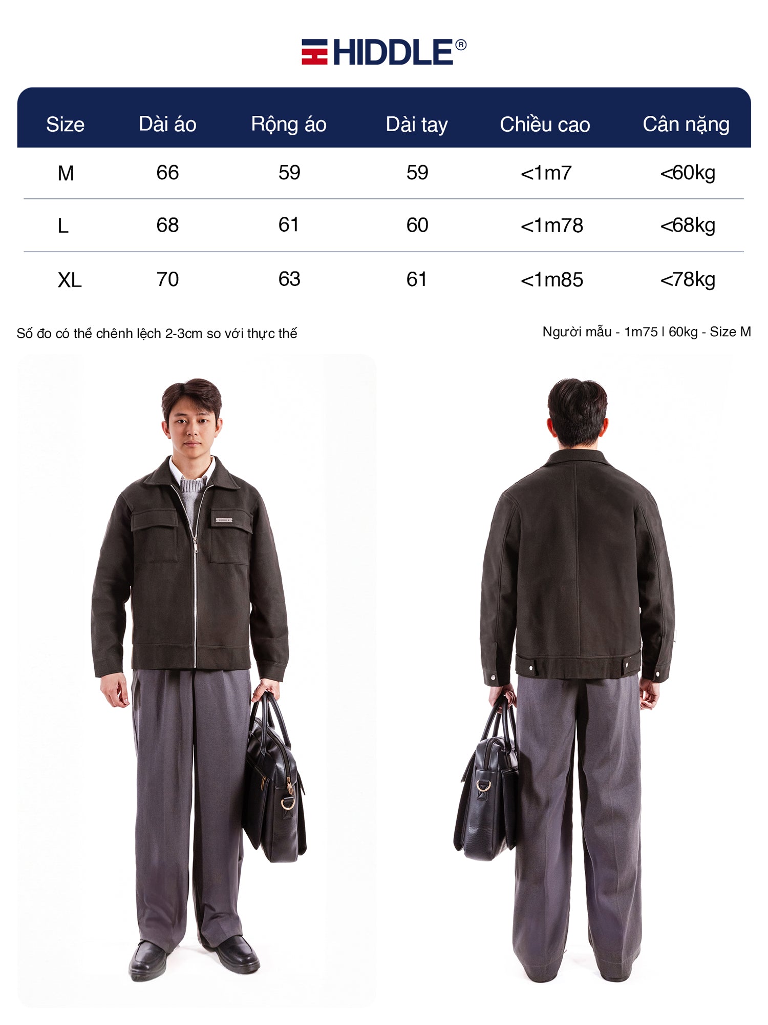 Hiddle workwear set with size chart and model wearing the set.