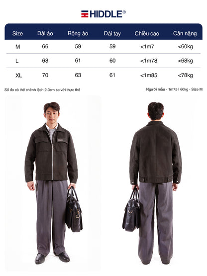 Hiddle workwear set with size chart and model wearing the set.