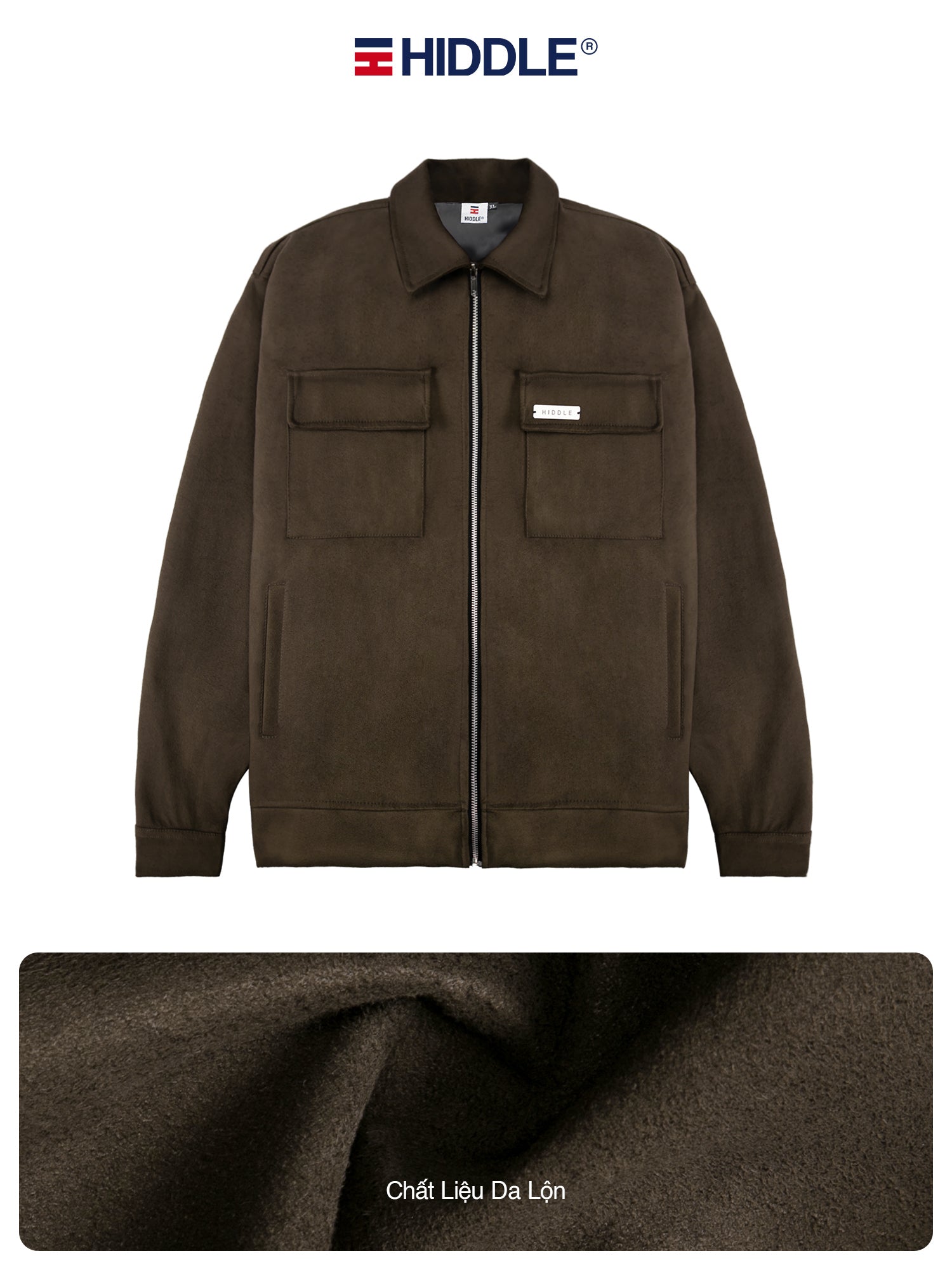 Brown jacket with Hiddle logo on a white background