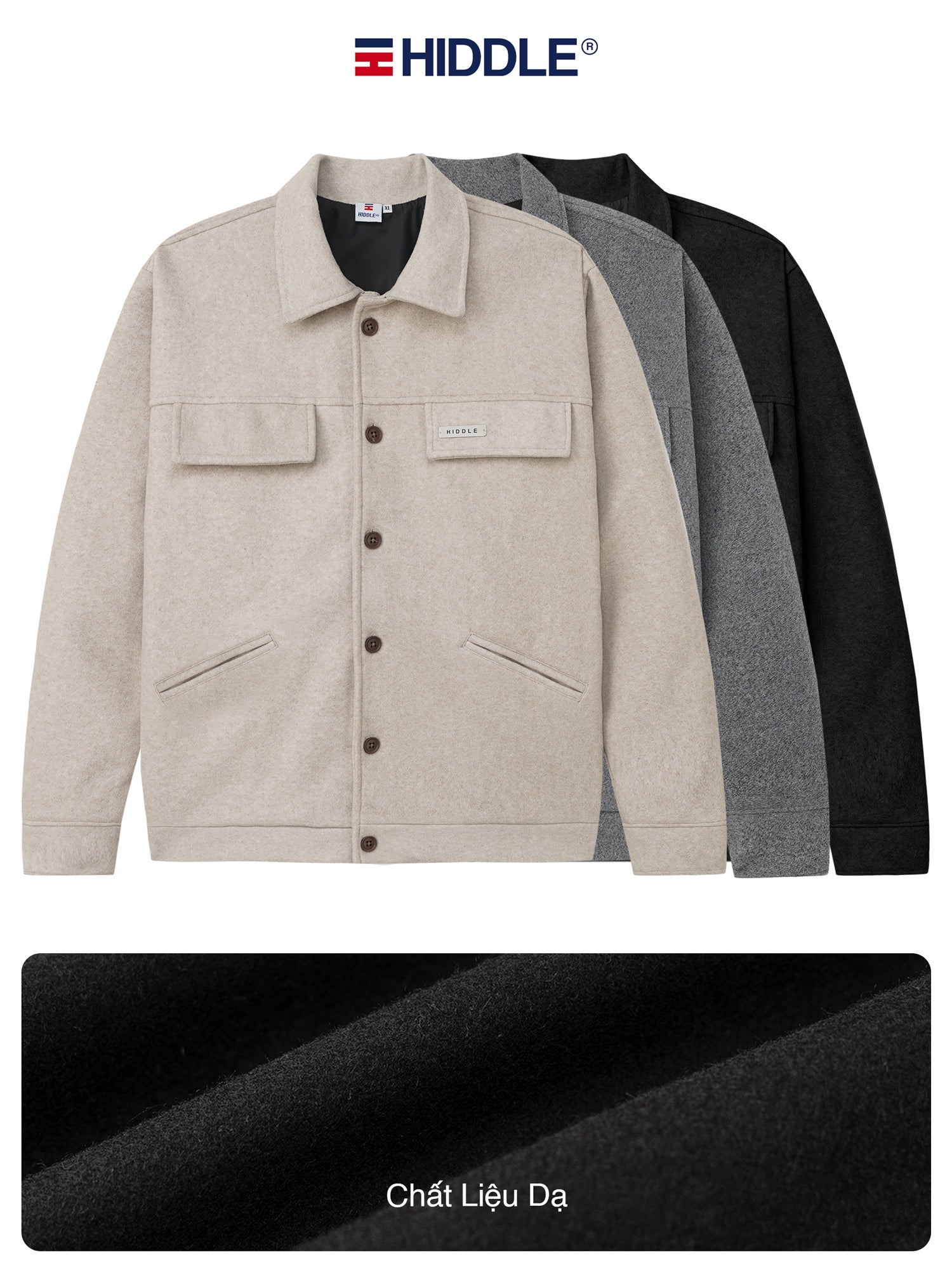 Beige jacket with buttons, displayed with gray and black jackets in the background, on a white background.