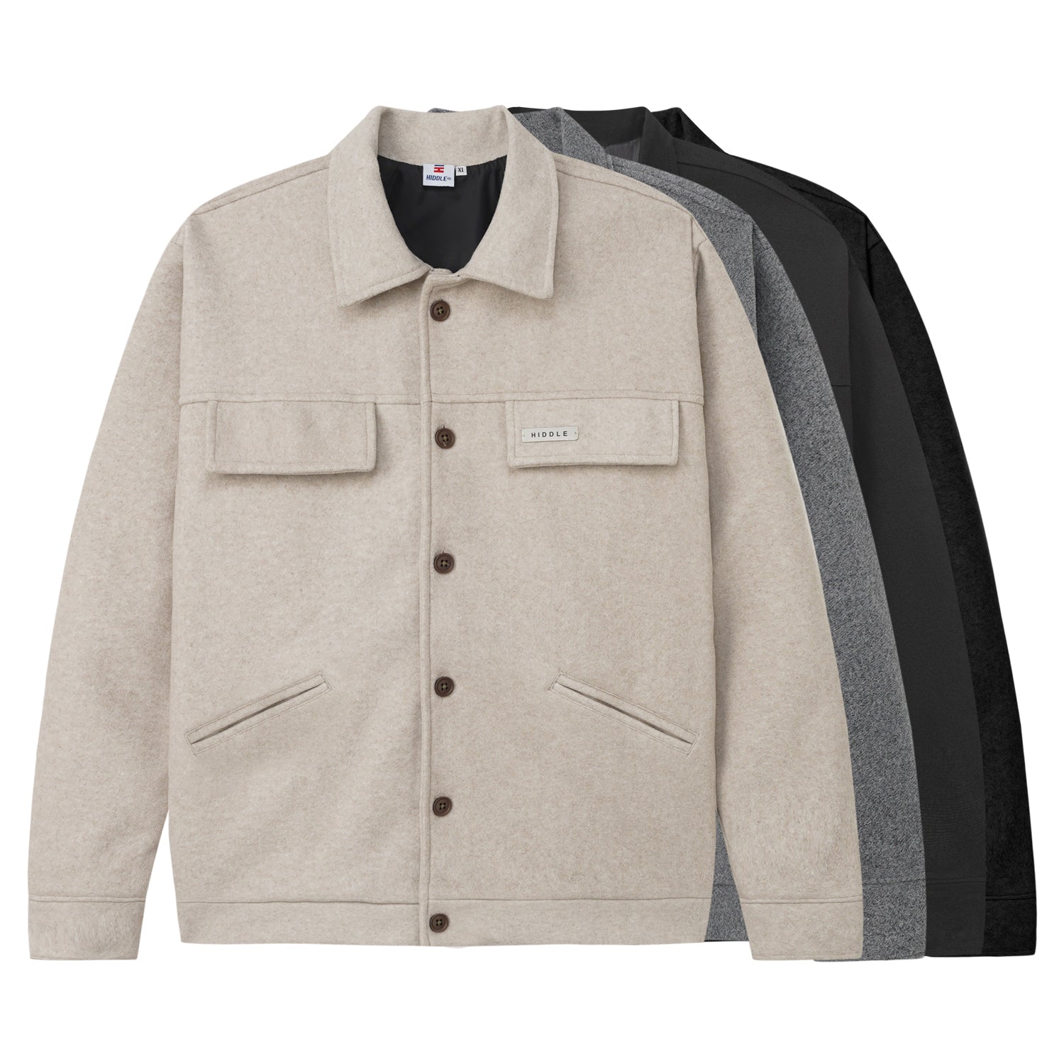 Beige jacket with button details on a white background