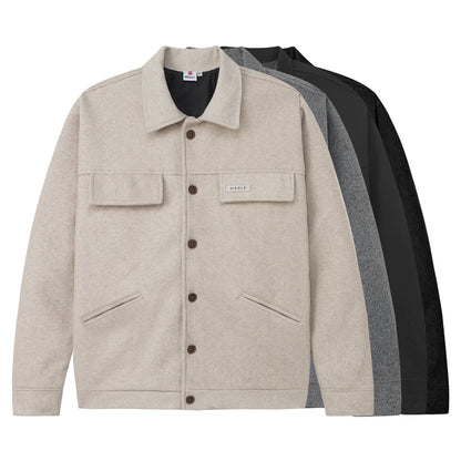 Beige jacket with button details on a white background