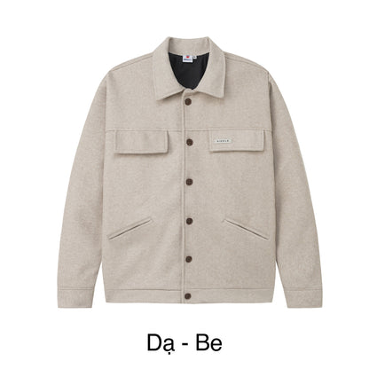 Beige jacket with button details on a white background