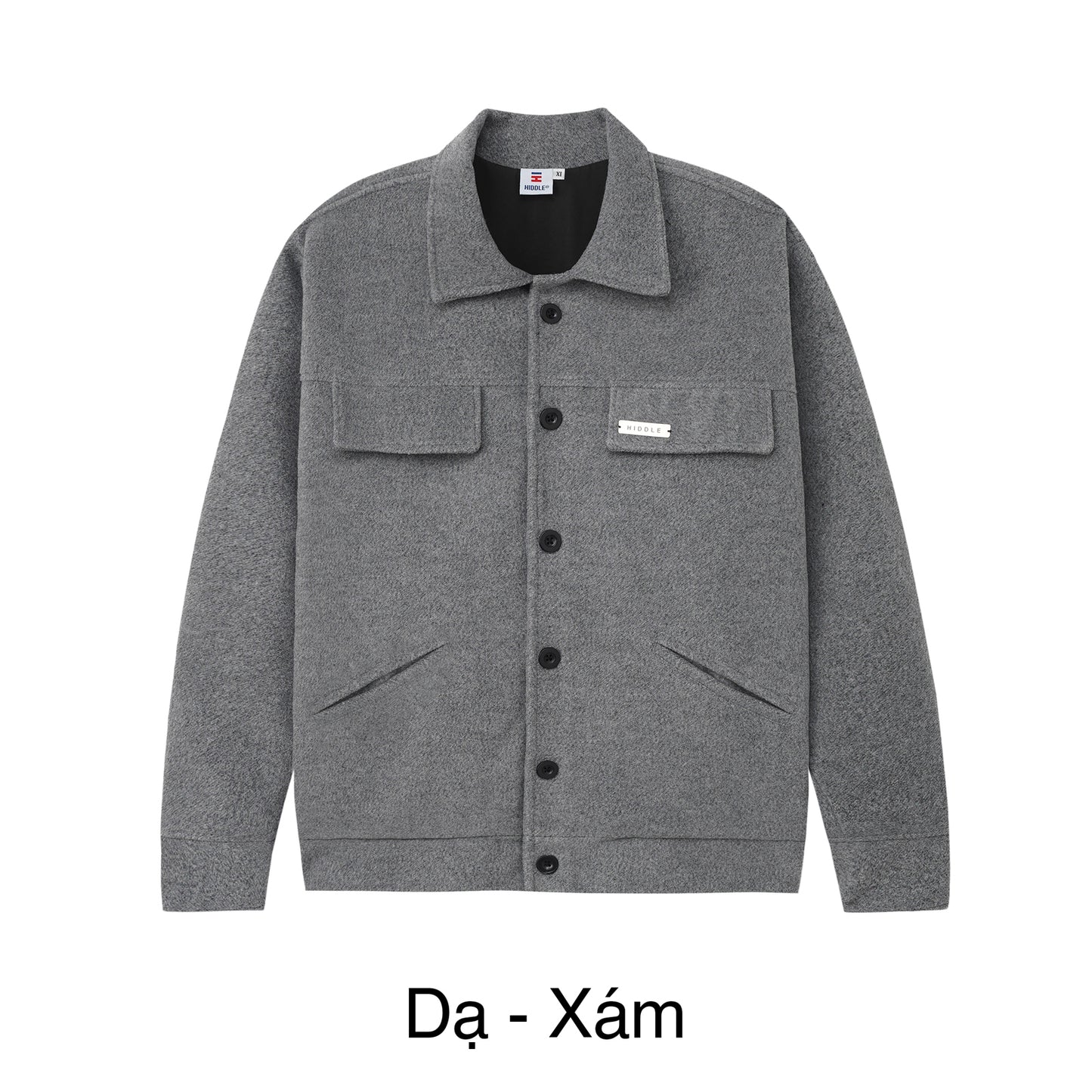 Gray jacket with button details on a white background