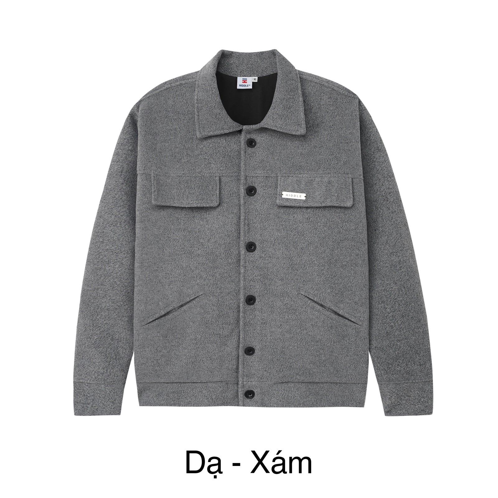 Gray jacket with button details on a white background