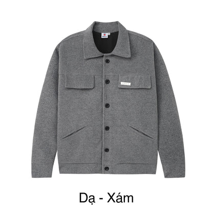 Gray jacket with button details on a white background
