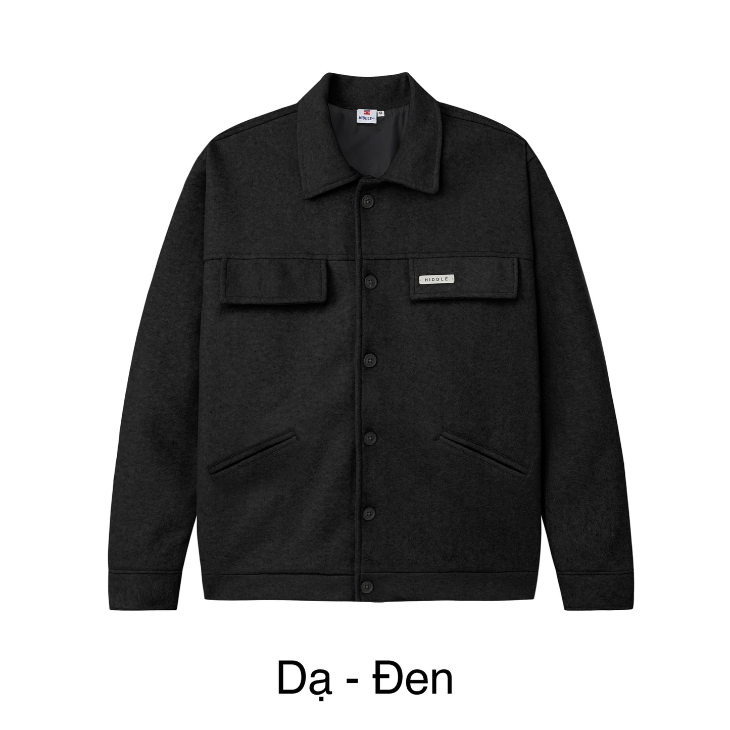 Black jacket with button details on a white background