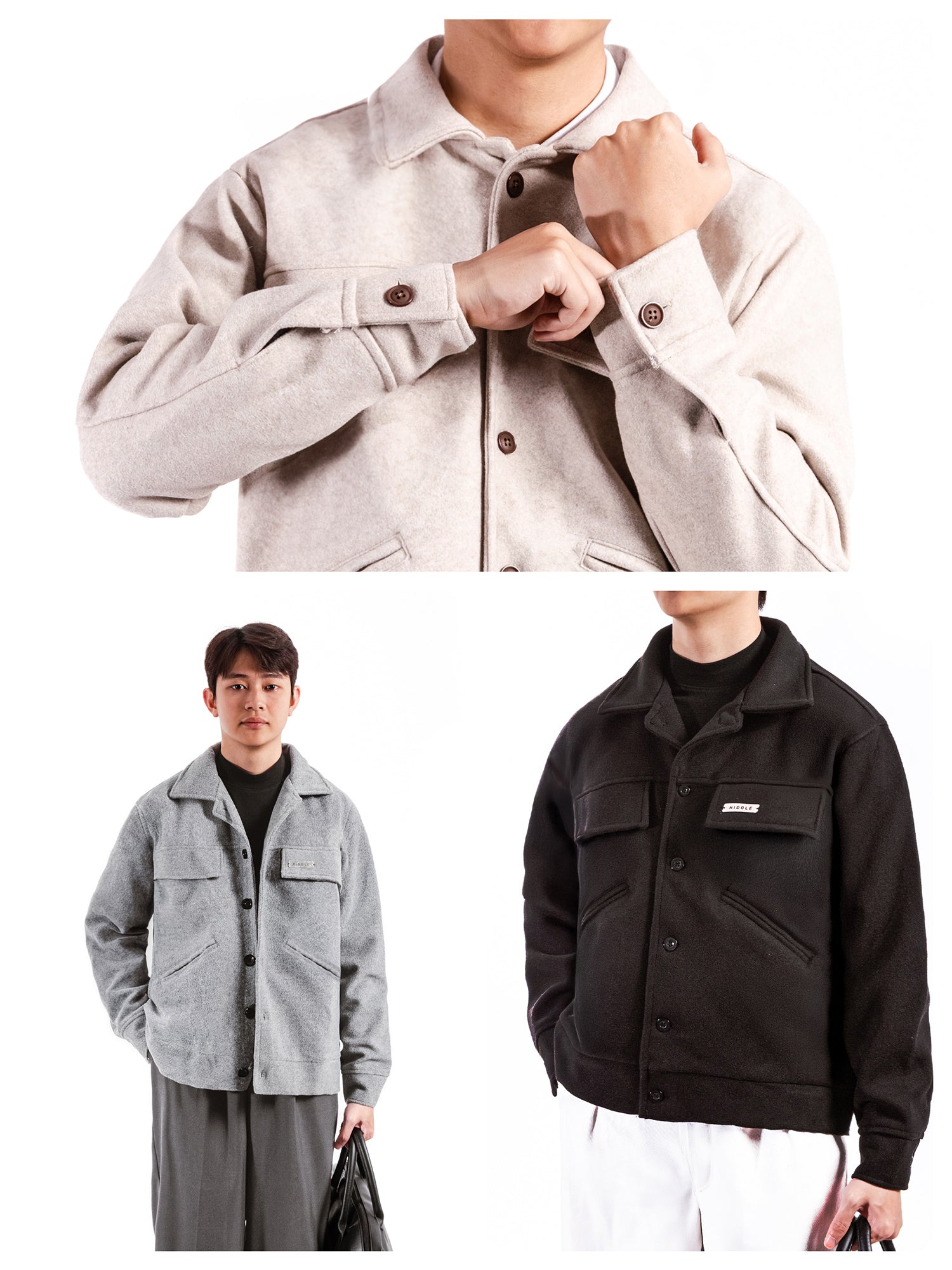 Three different styles of jackets shown in a collage format.