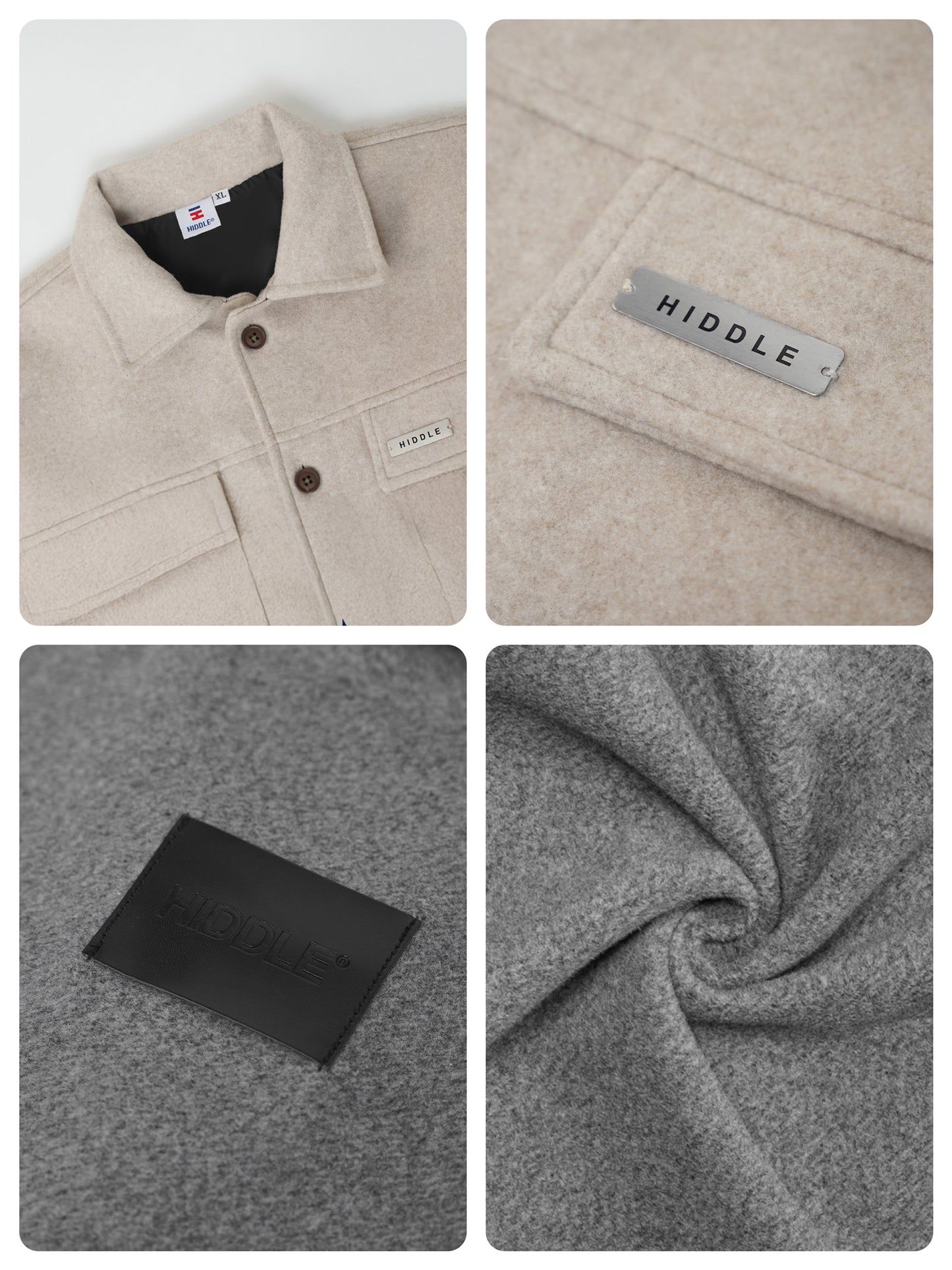 Collage of a beige coat with visible branding, close-up of label, and fabric texture.