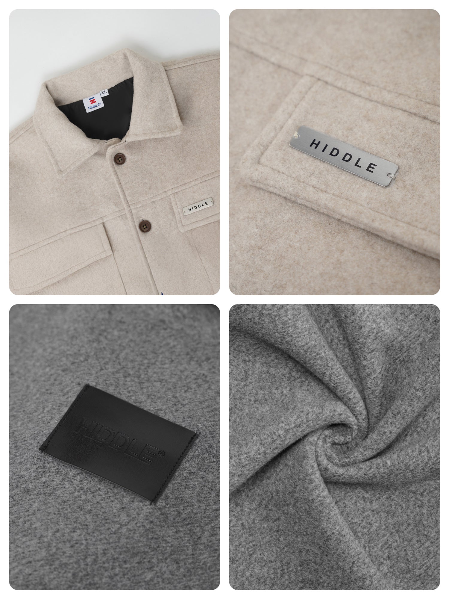 Collage of a beige coat with visible branding, close-up of label, and fabric texture.