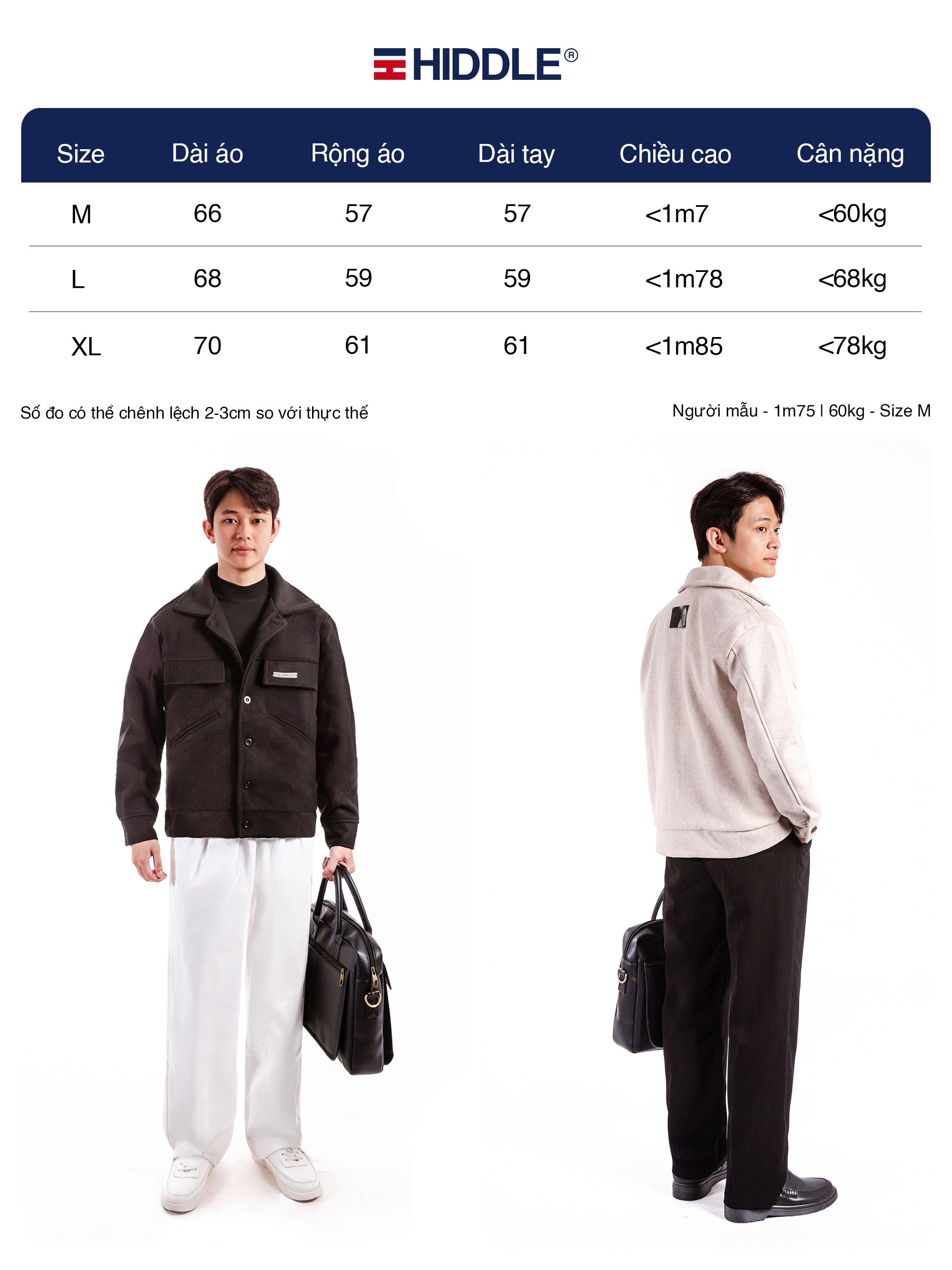 Two people wearing jackets with size chart and Hiddle branding