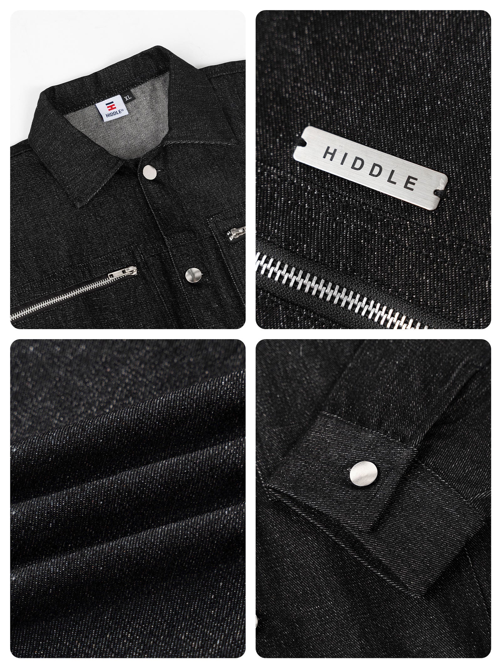 Collage of black denim jacket details with 'Hiddle' branding.