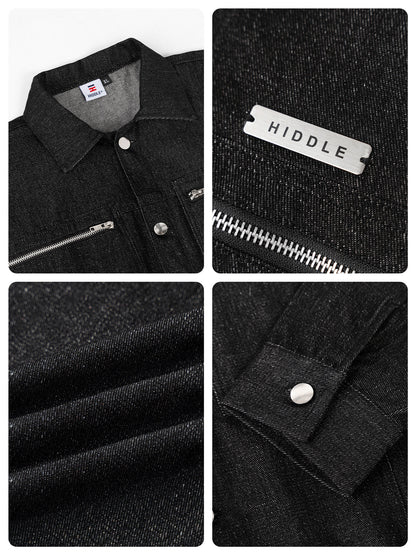 Collage of black denim jacket details with 'Hiddle' branding.
